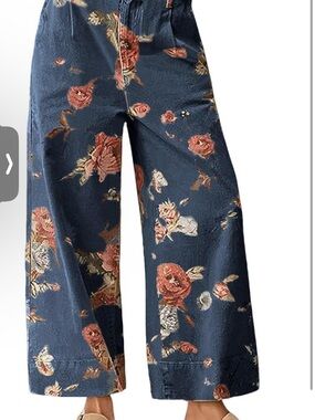 Navy Floral Wide-Leg Pants with Rose Print